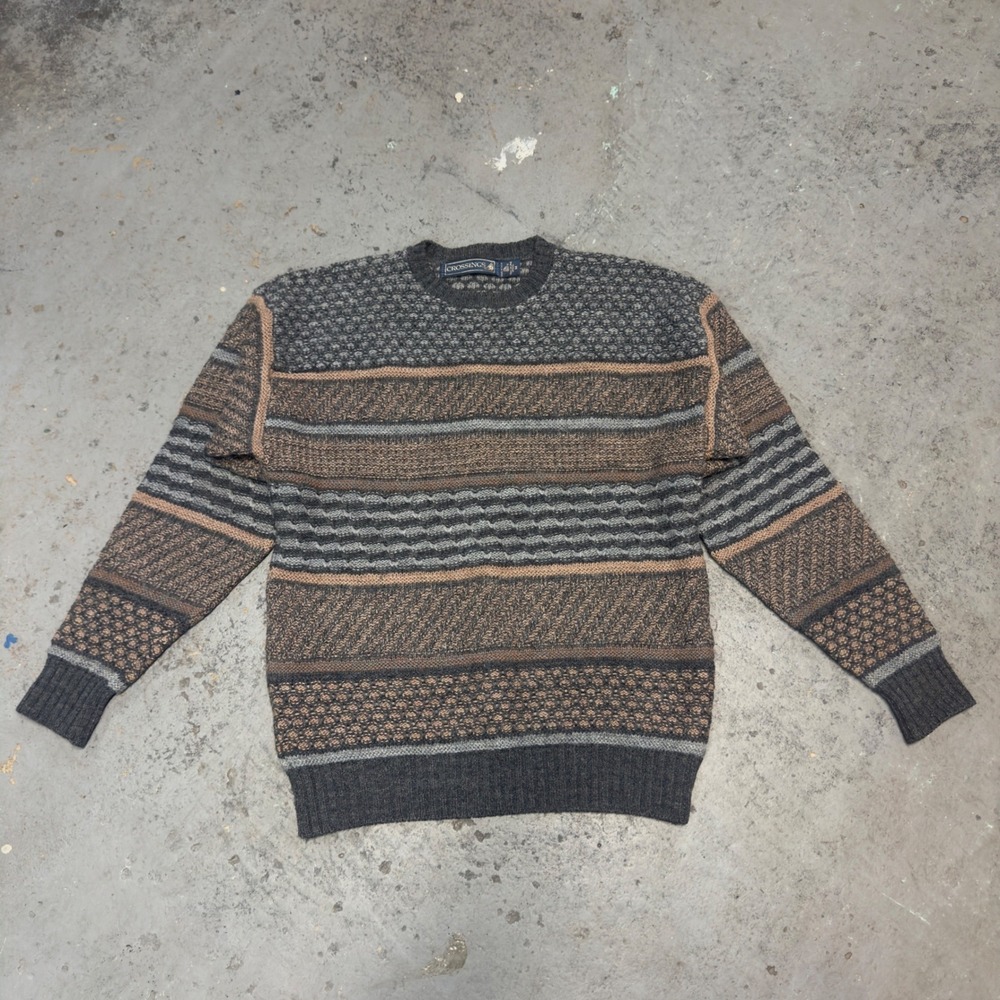 Crossings Mens Vintage 100% Pure Wool Sweater Grey Tan Geometric Made in USA M